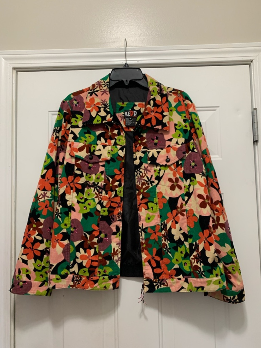 Redd Jeans Floral Cotton Corduroy Jacket in Green, Pink, Orange & Black Size 14
